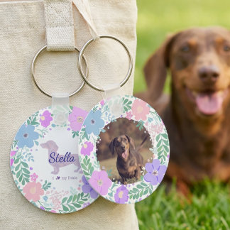 Lavender Dachshund Custom Photo & Name - Floral Key Ring