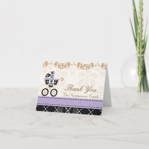 LAVENDER Damask Baby Carriage Shower Thank You Card