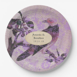 Lavender Damask Bird Wedding Paper Plate