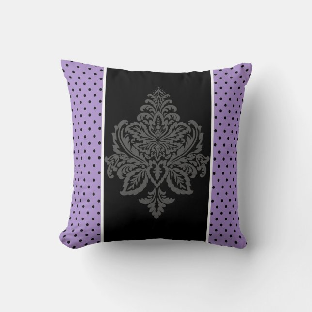 Lavender, damask & black polka dots  cushion (Front)