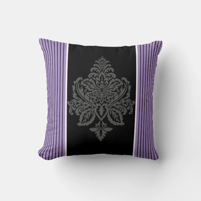 Lavender, damask & black stripes cushion (Front)