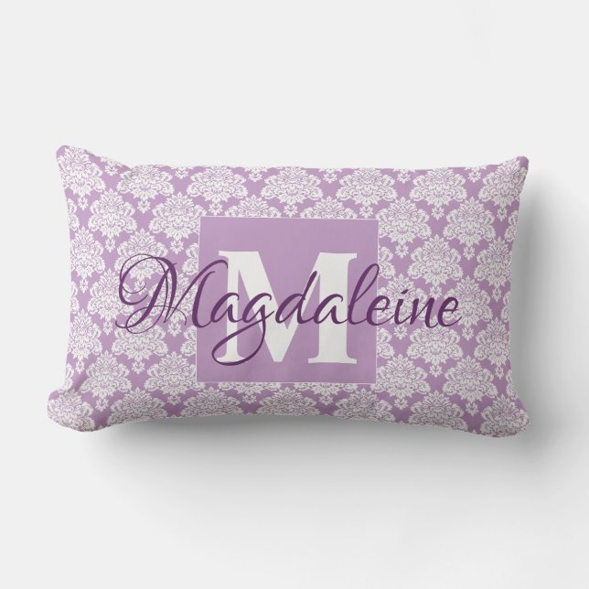 Lavender Damask Pillow with Monogram & Name (Front)