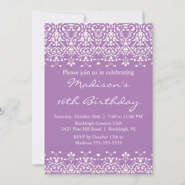Lavender Damask Sweet Sixteen Birthday Invitation (Front)