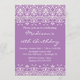 Lavender Damask Sweet Sixteen Birthday Invitation