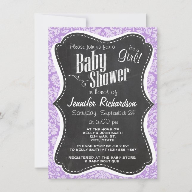 Lavender Damask; Vintage Chalkboard look Invitation (Front)