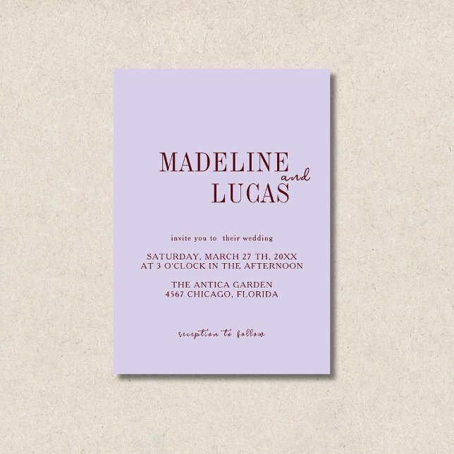 Lavender & Deep Burgundy Minimalist Clean Wedding Invitation (Creator Uploaded)