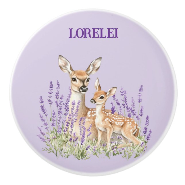 Lavender Deer Mother Fawn Spring Door Ceramic Knob (Front)