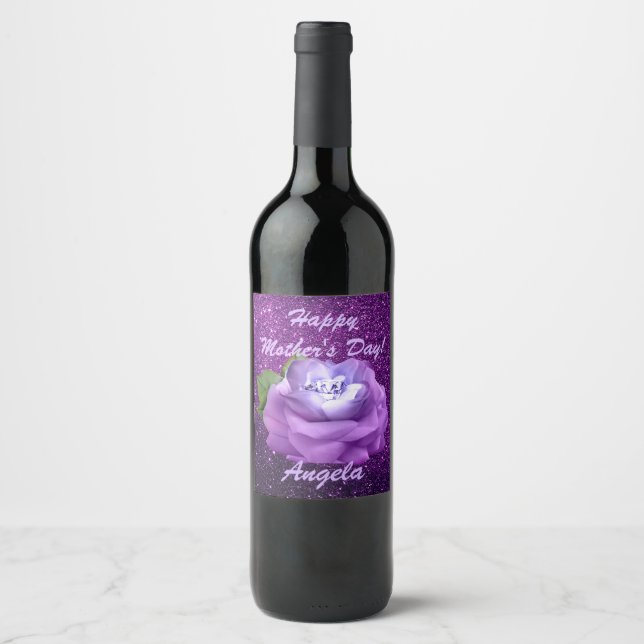 Lavender Diamond Rose Purple Faux Glitter Wine Label (Front)