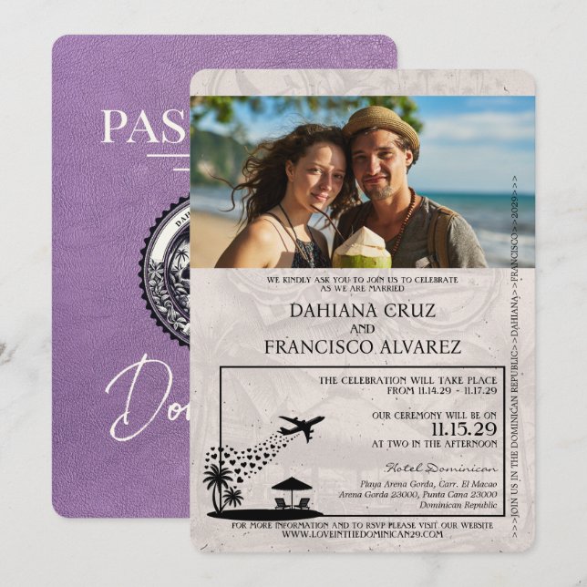 Lavender Dominican Republic Passport Wedding Invitation (Front/Back)