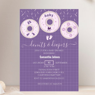 Lavender Doughnuts and Diapers Sprinkle Baby Showe Invitation