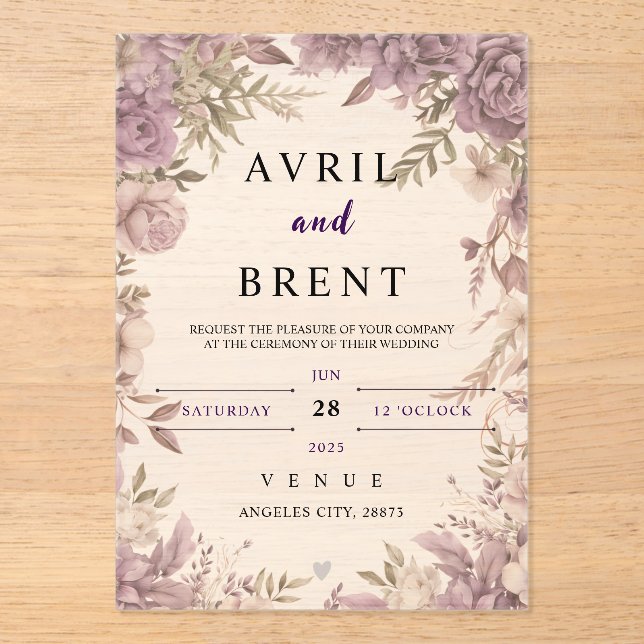 Lavender Dreams Floral Wedding Acrylic Invitation (Front)