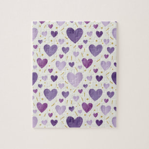 Lavender Dreams Purple & Gold Watercolor Hearts Jigsaw Puzzle
