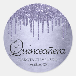 Lavender Drip Quinceanera   Purple Chic Script Classic Round Sticker