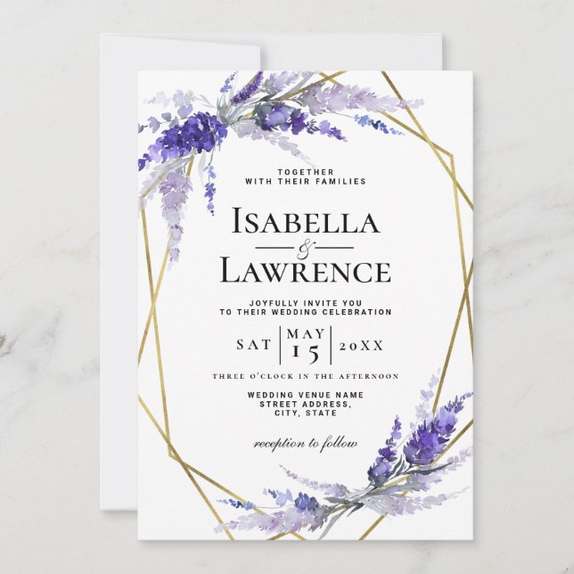 Lavender Dusty Purple Floral Gold Frame Wedding Invitation (Front)