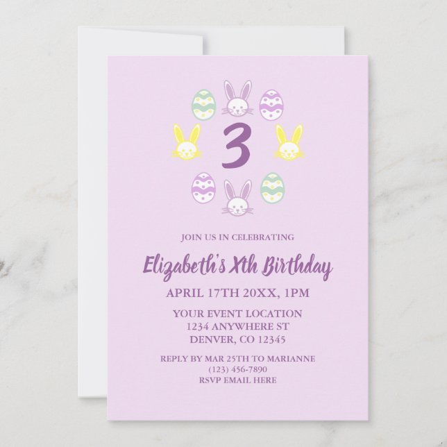 Lavender Easter 3rd Birthday Invitation (Front)