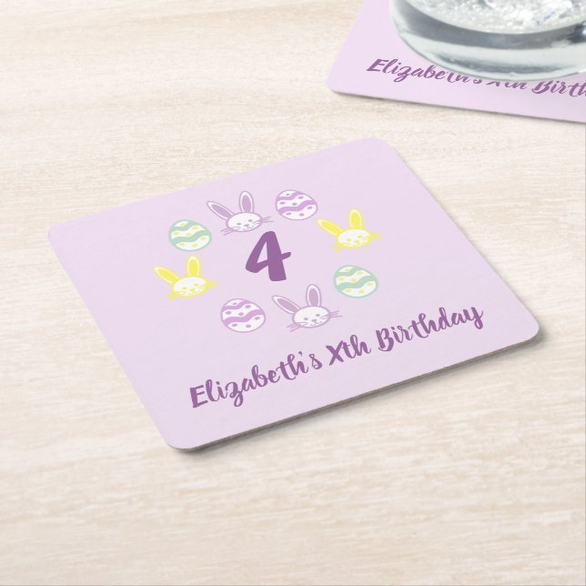 Lavender Easter 4th Birthday Square Paper Coaster (Angled)
