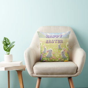 Lavender Easter Cute White Bunny Floral Spring Cushion