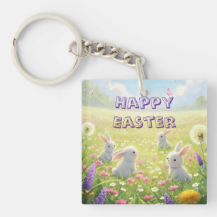 Lavender Easter Cute White Bunny Floral Spring Key Ring