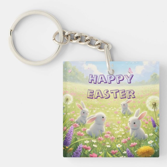 Lavender Easter Cute White Bunny Floral Spring  Key Ring (Front)