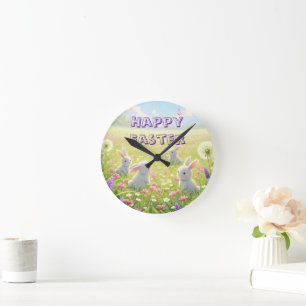 Lavender Easter Cute White Bunny Floral Spring  Round Clock