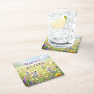 Lavender Easter Cute White Bunny Floral Spring Square Paper Coaster