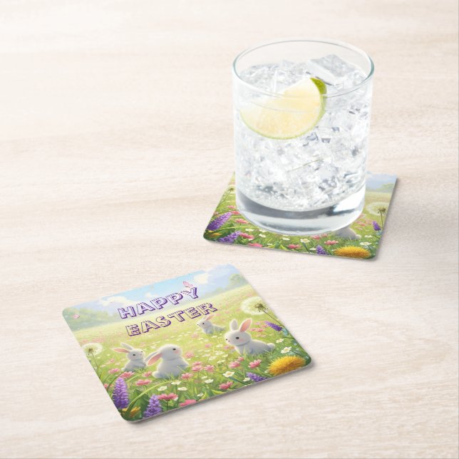 Lavender Easter Cute White Bunny Floral Spring  Square Paper Coaster (Insitu)