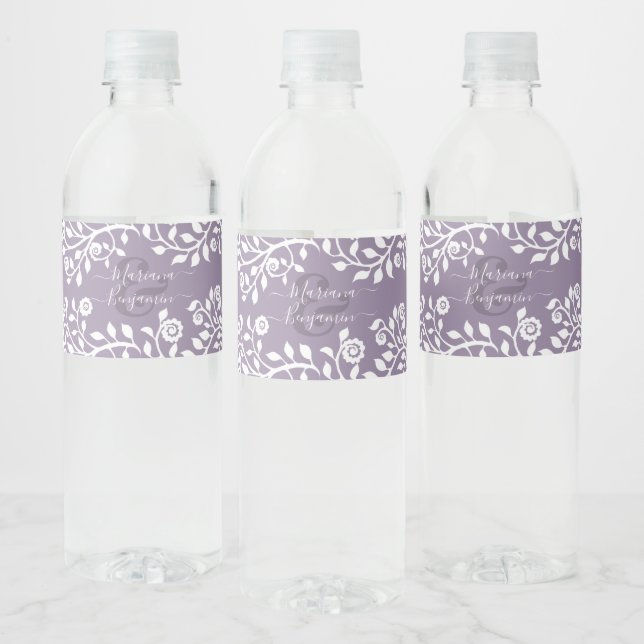  Lavender Elegant Boho Floral Personalised Wedding Water Bottle Label (Bottles)