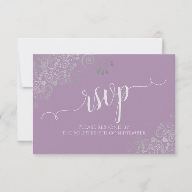 Lavender Elegant Calligraphy Frilly Wedding RSVP Card (Front)
