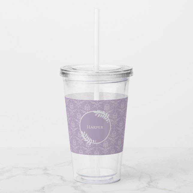 Lavender Elegant Damask Personalised Acrylic Tumbler (Front)