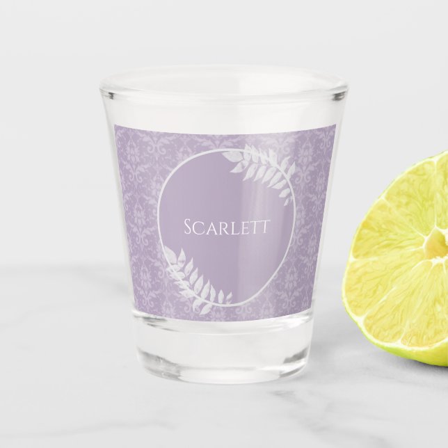 Lavender Elegant Damask Personalised Shot Glass (Front)