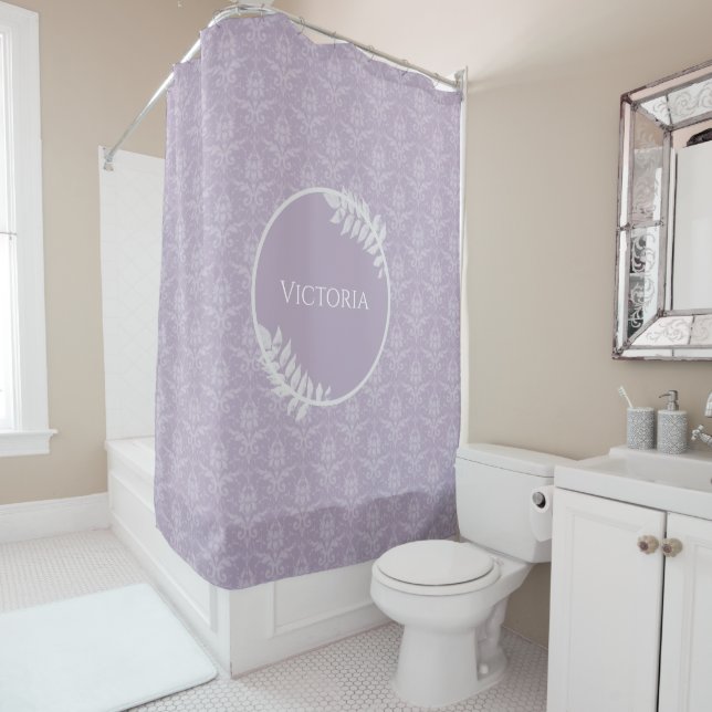 Lavender Elegant Damask Personalised Shower Curtain (In Situ)