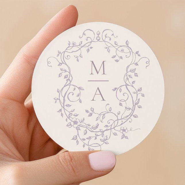 Lavender Elegant Floral Crest Classic Round Sticker (Creator Uploaded)