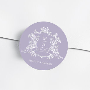Lavender Elegant Floral Crest Monogram Wedding Classic Round Sticker