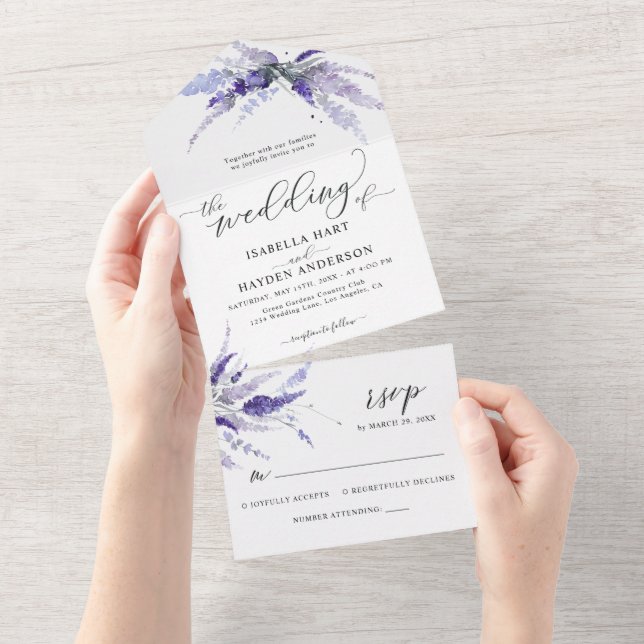 Lavender Elegant Lilac Floral Botanical Wedding All In One Invitation (Tearaway)