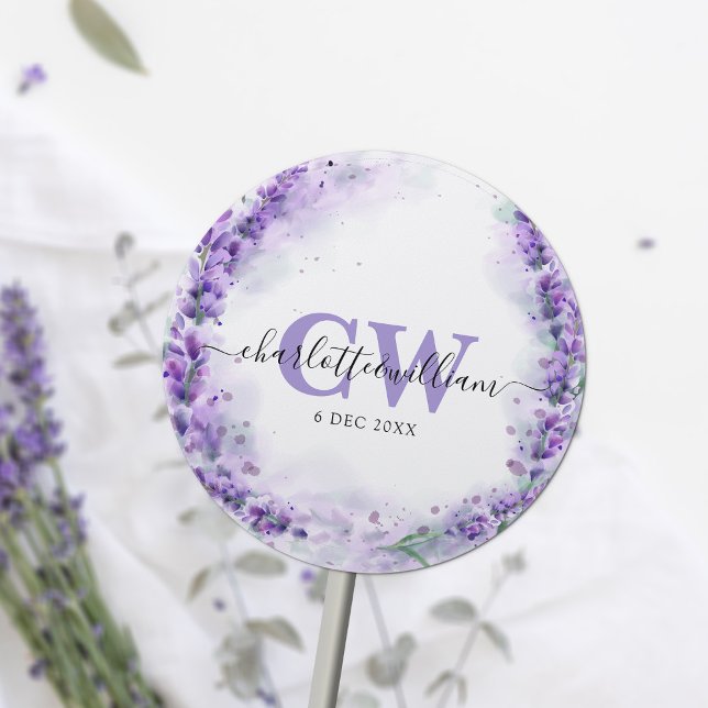 Lavender Elegant Watercolor Monogram Wedding Classic Round Sticker (Creator Uploaded)