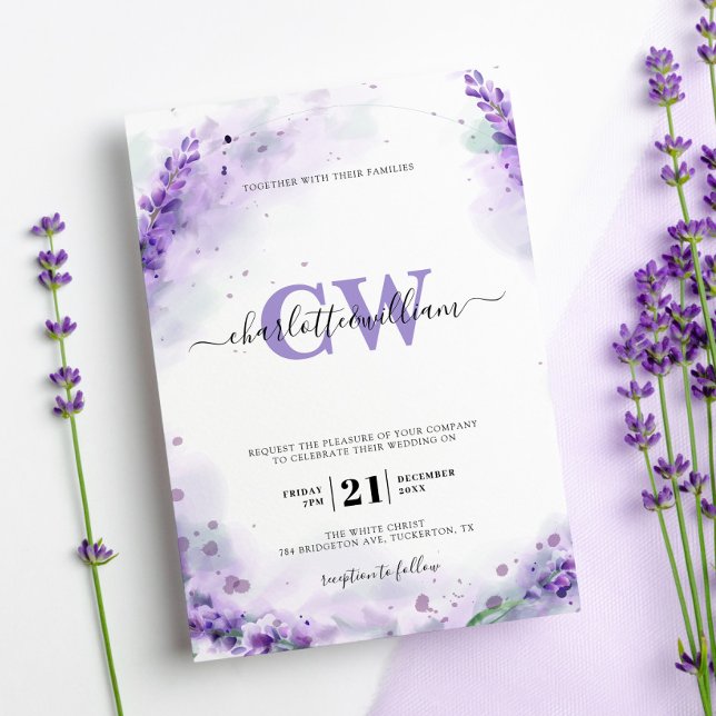 Lavender Elegant Watercolor Monogram Wedding Invitation (Creator Uploaded)