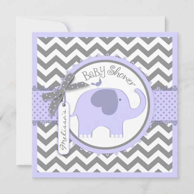Lavender Elephant and Chevron Print Baby Shower Invitation (Front)