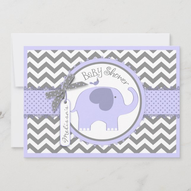 Lavender Elephant Bird Chevron Print Baby Shower Invitation (Front)
