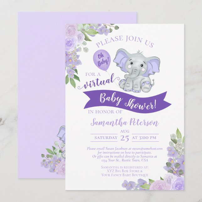 Lavender Elephant & Floral Virtual Baby Shower Invitation (Front/Back)