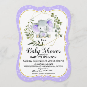 Lavender Elephant Modern Baby Shower Invitation