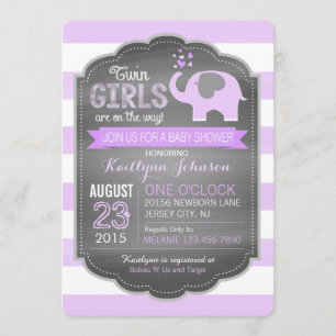 Lavender Elephant Stripe Twin Girls Baby Shower Invitation