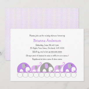 Lavender elephants baby shower / sprinkle invites