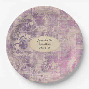 Lavender Ephemera Damask Wedding Paper Plate