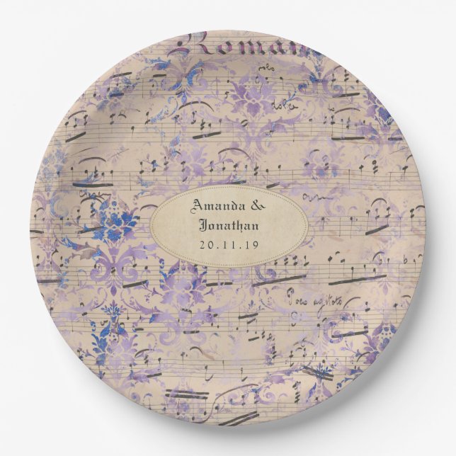Lavender Ephemera Music Notes Wedding Paper Plate (Front)