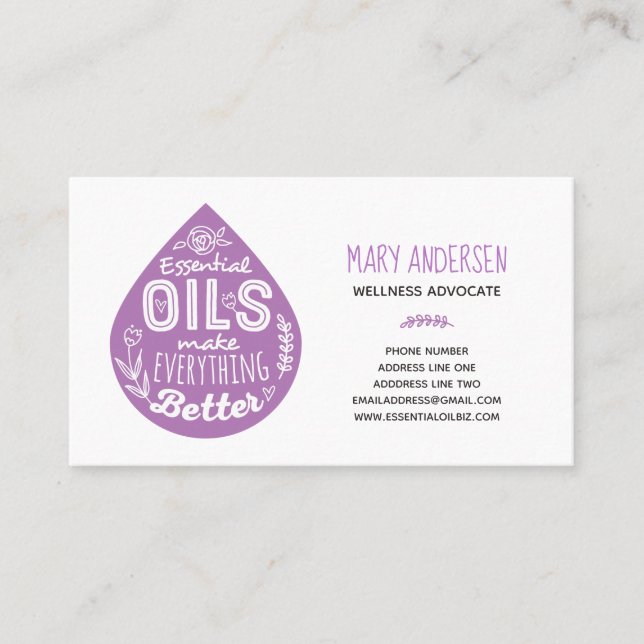 Lavender Essential Oil Drop Business Cards (Front)