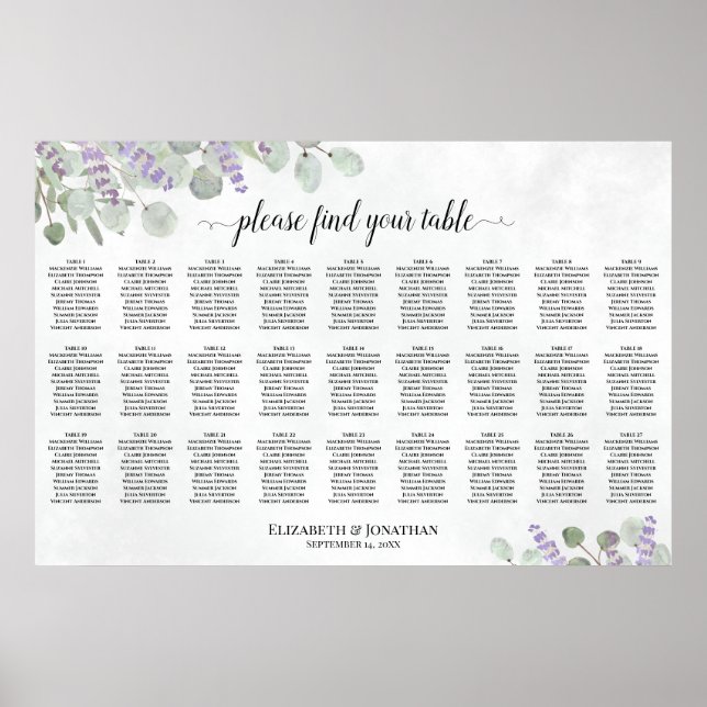 Lavender Eucalyptus 27 Table Wedding Seating Chart (Front)