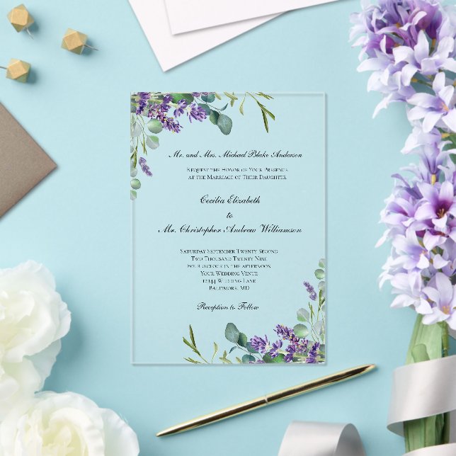 Lavender Eucalyptus Elegant Formal Wedding Acrylic Invitations (Insitu (Wedding))