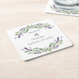 Lavender Eucalyptus Floral Botanical Wedding  Square Paper Coaster