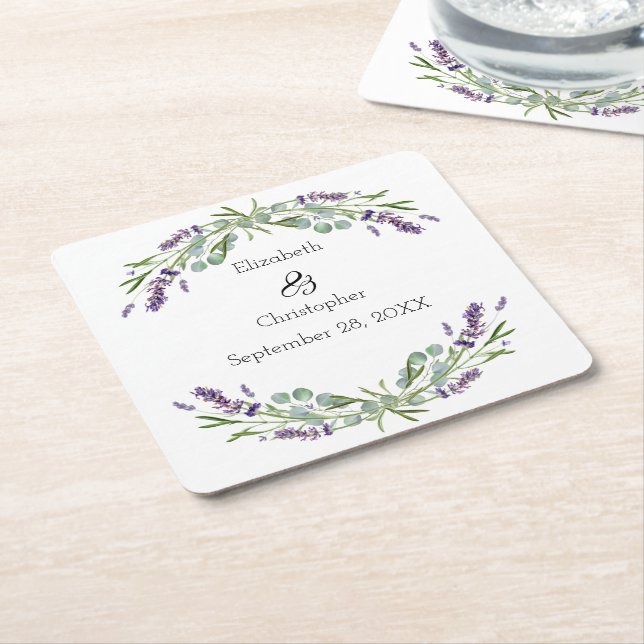 Lavender Eucalyptus Floral Botanical Wedding  Square Paper Coaster (Angled)