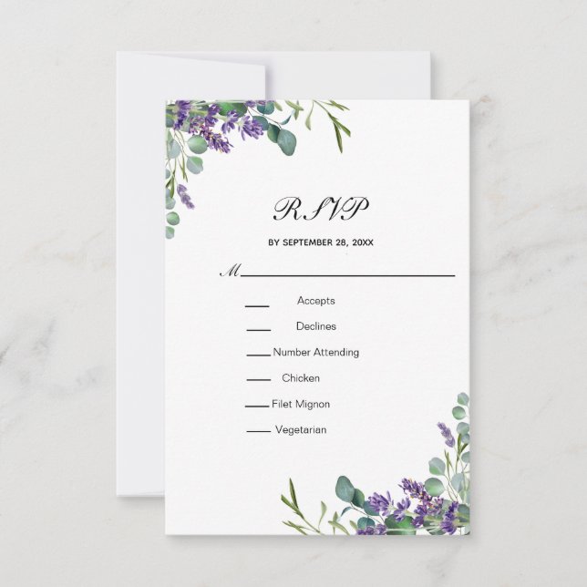 Lavender Eucalyptus Floral Formal Elegant Wedding RSVP Card (Front)